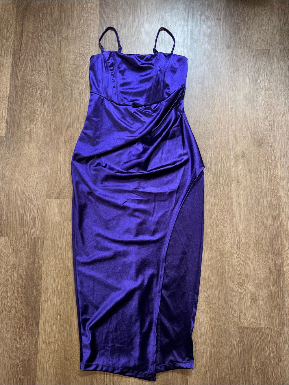 Windsor Purple Satin Straight Neck Spaghetti Strap Ruched Maxi Dress Women M
